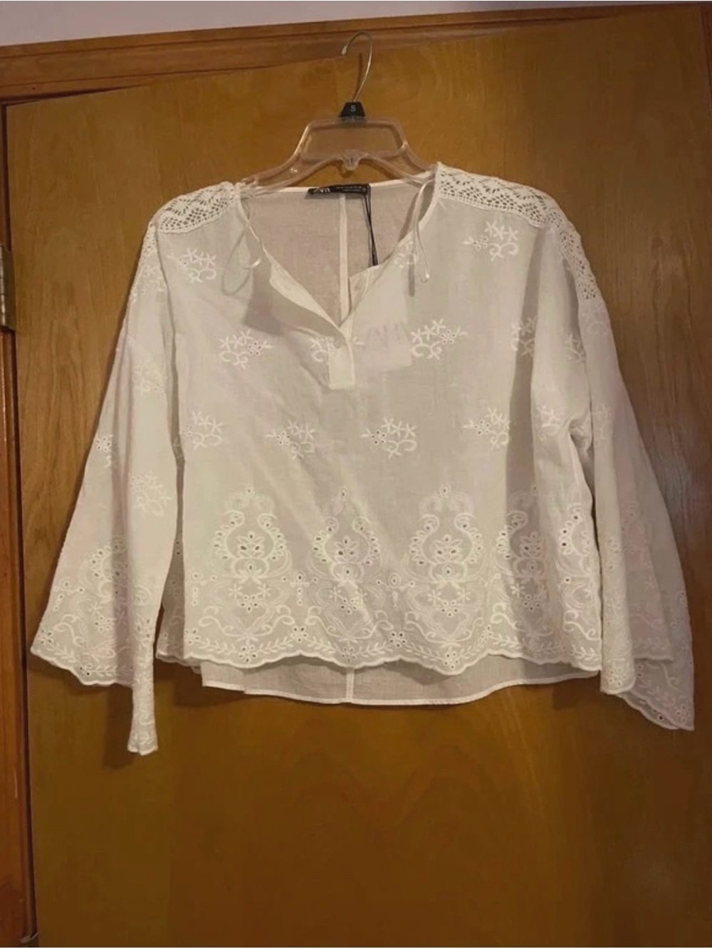 NWT Zara white embroidered eyelet bell sleeve button top blouse